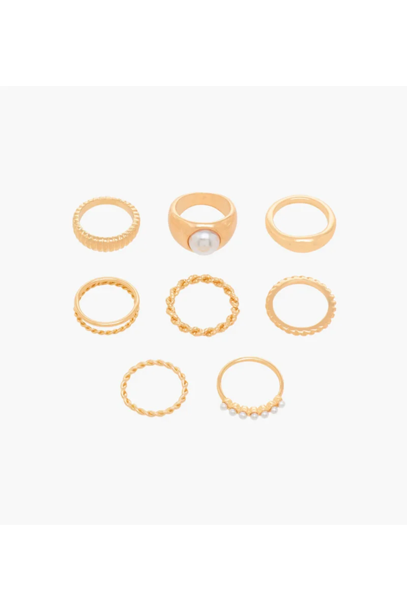 لايف ستايل Set of 8 - Stackable Gold Tone Ring with Assorted Design